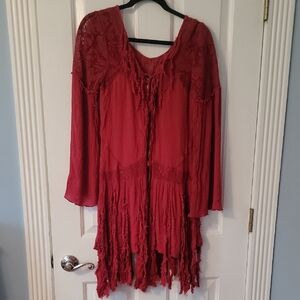 FREE PEOPLE Bohemian Red Lace  Tunic Shirt Top Fringe Small S